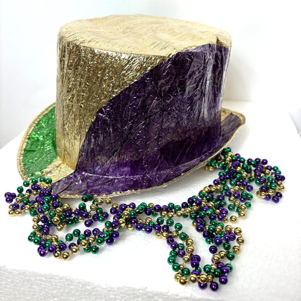 Mardi Gras Foil Top Hat and Beads Purple Green Gold NWT